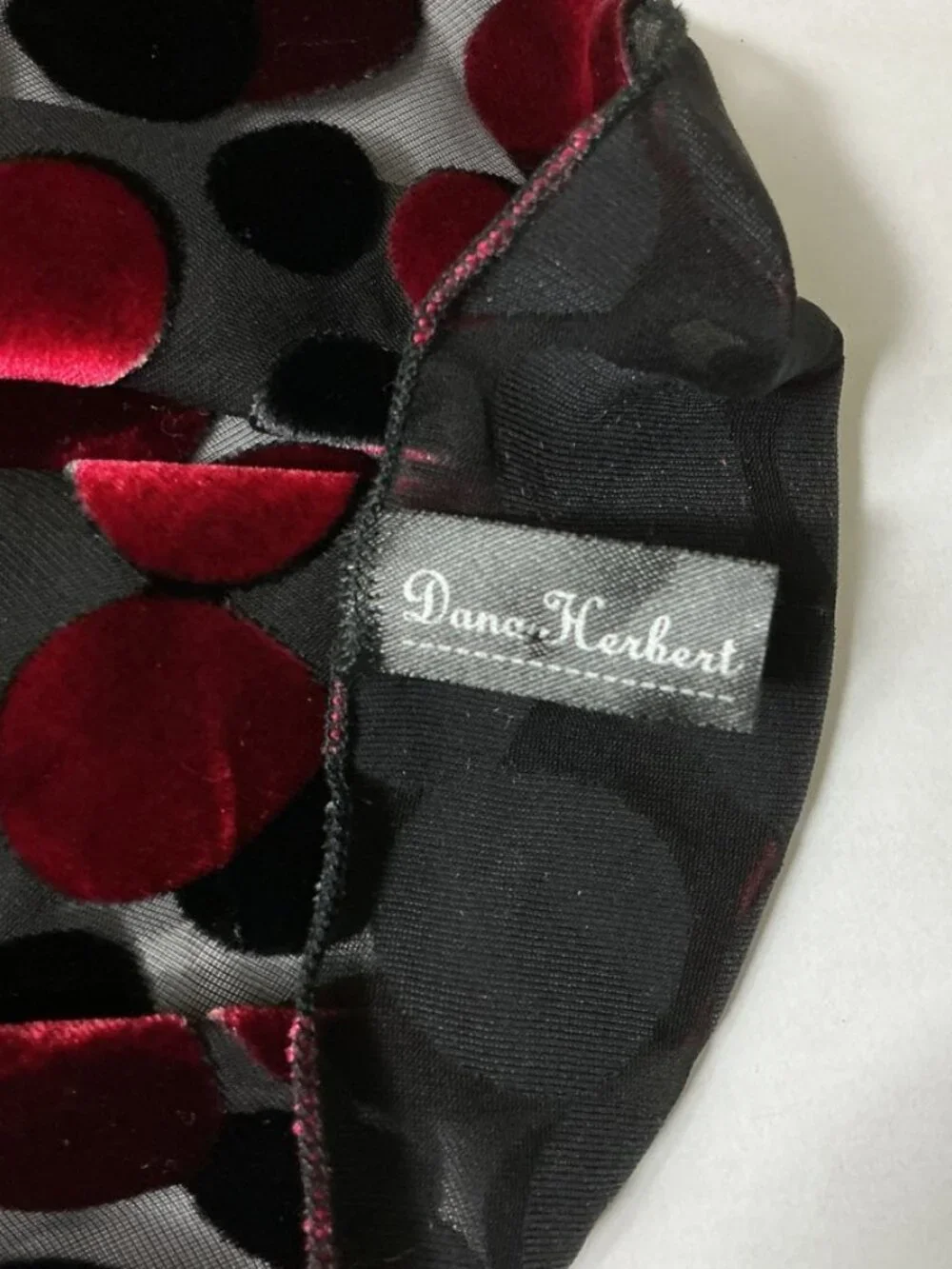 Dana Herbert Black & Red Velvet Burnout Polka Dot Scarf